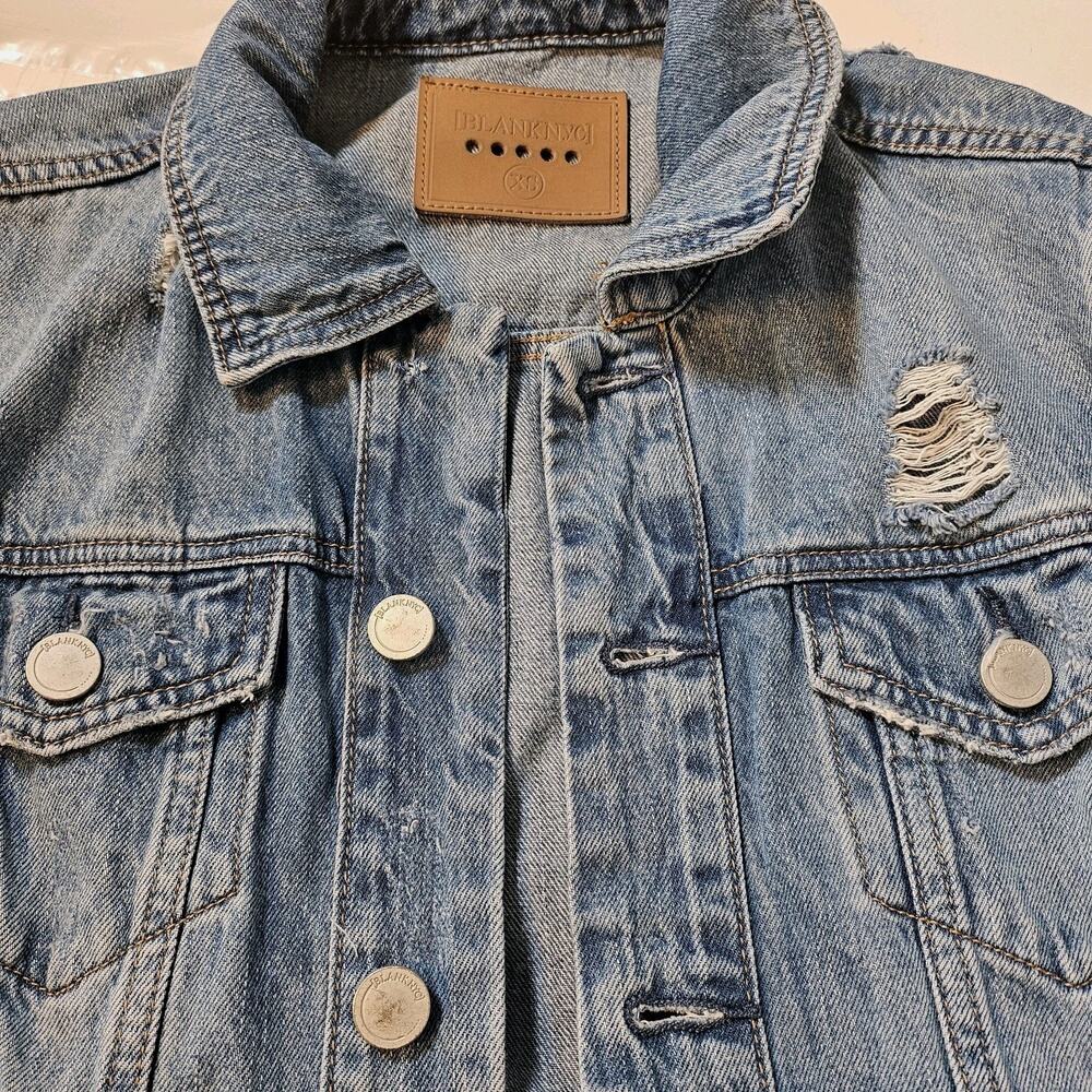 Blank NYC Jean Jacket Womens XS Blue Cotton Denim Raw Hem Distressed FLAW - Picture 5 of 16